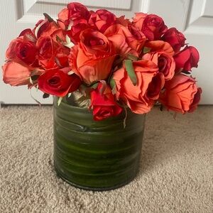 Red roses fake flower bouquet in a glass container bought from Horchow